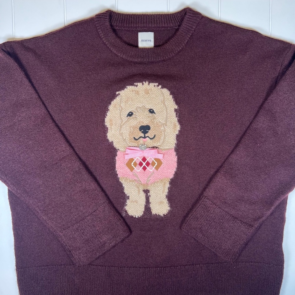 Maeve Anthropologie Burgundy Golden Doodle Dog Intarsia Sweater OB2399671 Medium